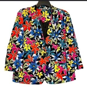 Kim Rogers Colorful Floral Lined Blazer Jacket Large Shoulder Pads Button Sz XL.